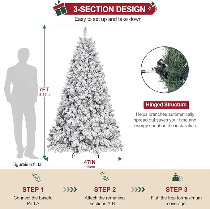 Flocked Christmas Tree 7ft, Premium Christmas Tree - White Flocked Trees - Artificial Xmas Trees