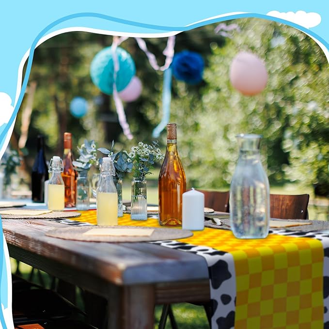 2 Pcs Cartoon Table Runner Cartoon Birthday Party Supplies Cow Pattern Printed Check Table Decor Tablecloth Party Supplies,13 x 72 in (Classic)