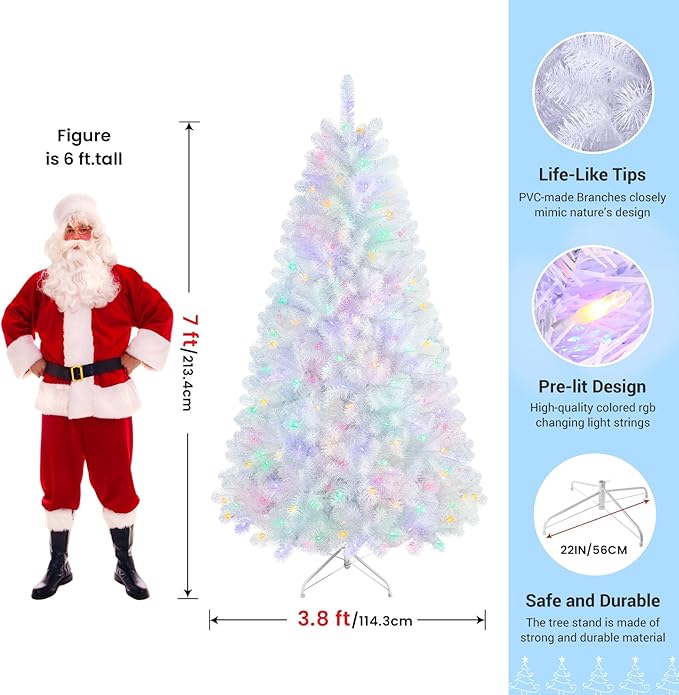 SHareconn 7ft Prelit Premium Artificial Classic Spruce Christmas Tree, 320 Warm White & Color LED Changing Lights, 1076 Branch Tips, Perfect Choice for Xmas Decoration,7 FT, White