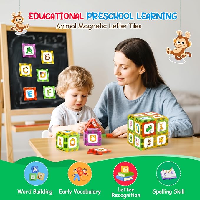 Magnetic Tiles Letters Learning Toys, Animals Alphabet ABC Magnets for Kids 1-3 2-4 3-5 4-8, Toddlers Classroom Must Haves 48PCS Stacking Toys, Homeschool Essentials for Preschool Spelling Game