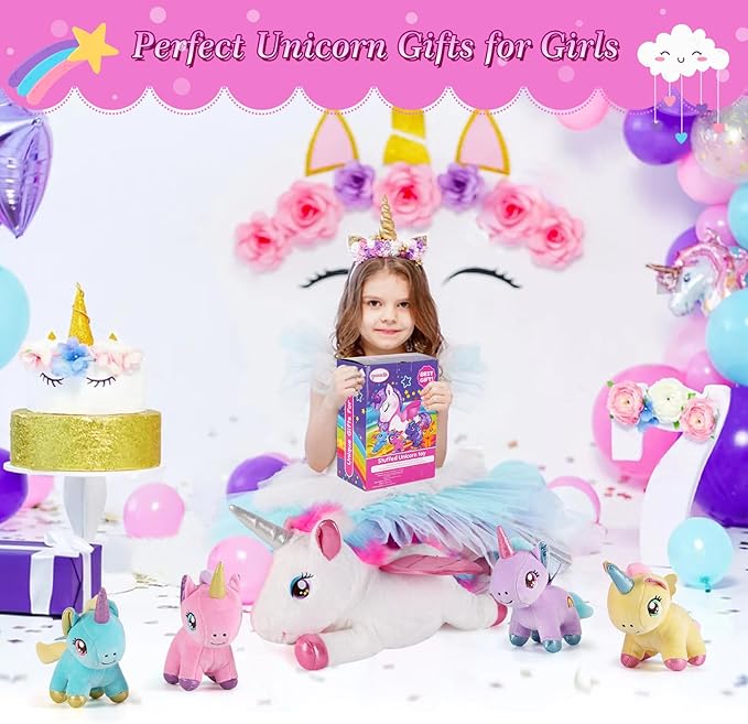 5 Pieces Unicorn Stuffed Animals - 1 Mommy Stuffed Unicorn with 4 Babies - Unicorns Gifts for Girls Ages 3 4 5 6 7 8, Unicorns Plush Toys for Christmas, Valentine's, Birthday Gifts (Pink)