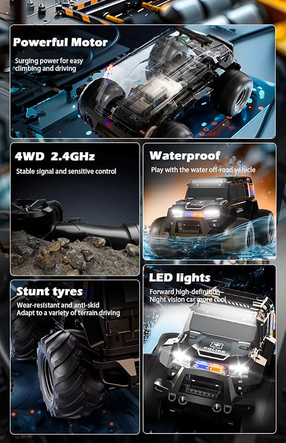 Amphibious Remote Control Car Waterproof Monster RC Cars 4WD All Terrain Off-Road Stunt Vehicle Toys with 2.4 GHz LED Lights for 6 7 8 9 10 11 12+ Year Old Kids Boys Girls Gifts Presents (Blue)