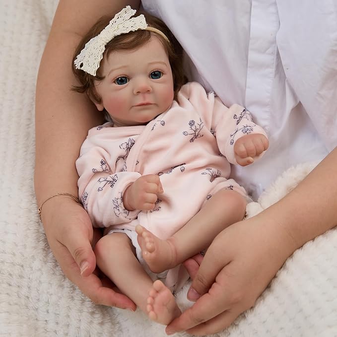 17" Realistic and Cute Reborn Baby Girl Opened Her Eyes with Bright Eyes Brown Hair Named Claire, Handmade Lifelike Reborn Doll, Advanced Painted Vinyl Gift Set for Kids Age 3+