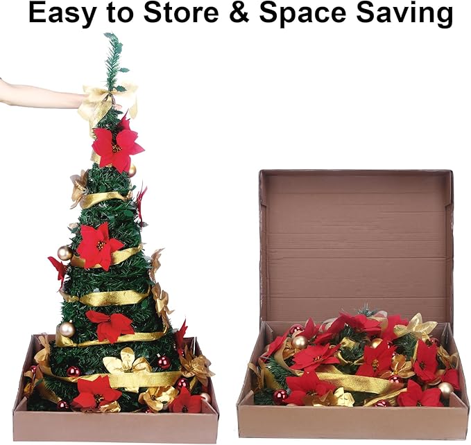 Pop Up Christmas Tree with Lights and Decorations & Remote, 6FT Prelit Pull Up Artificial Xmas Trees Decorated Christmas Tree with Red Gold Christmas Ball Ornaments Bows Ribbons Holiday Party Decor