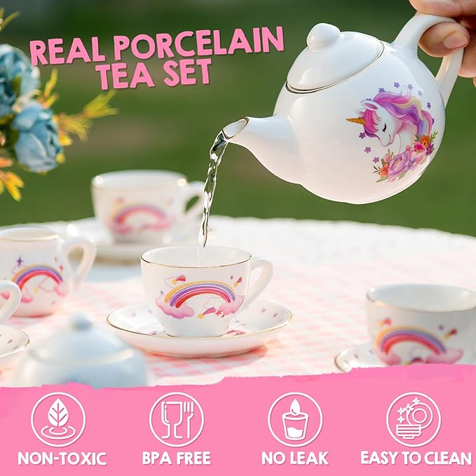 Tacobear Porcelain Tea Set for Girls Toys Unicorn Gift, 13pcs Tea Party Set with Teapot & Cup & Saucer & Suitcase, Kid Kitchen Pretend Playset Birthday Unicorn Toys for Girls 3 4 5 6-8