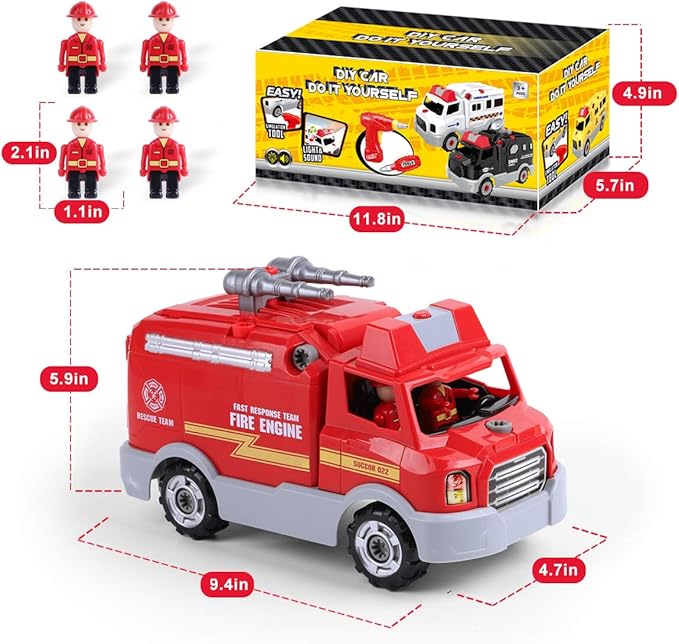 REMOKING DIY Assembly Fire Truck, Educational Playset with Power Drill, Realistic Sounds & Lights (3+)
