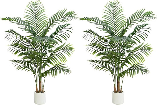 2 Pack Artificial Palm Tree Indoor Plant 5FT Tall Fake Tropical Palm Tree in Pot, Real Bark Design Faux Areca Palm Tree for Home Office Living Room Bedroom Farmhouse Modern Outdoor Topiary Tree