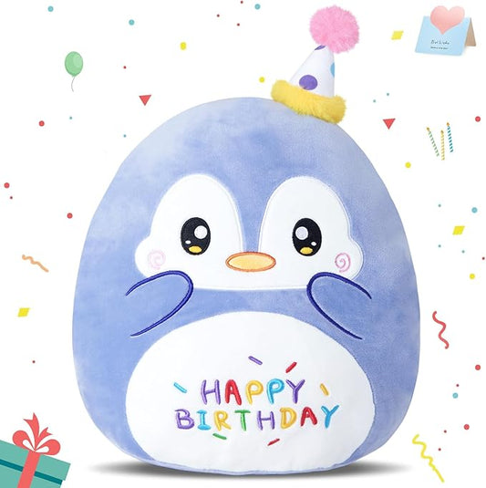 13“ Birthday Penguin Plush Pillow,Penguin Stuffed Animal, Soft Plushies Pillow Toys, Cute Happy Birthday Plush Toy Gifts for Kids Party Decor