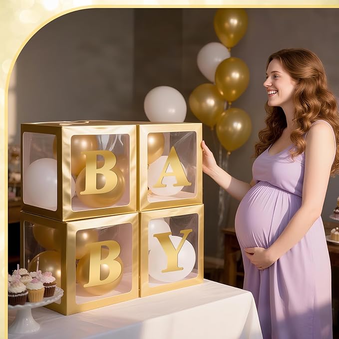 Ledido Baby Boxes with Letters for Baby Shower Decorations with 38 Balloons, 4 pcs Clear Baby Balloon Boxes Blocks for Baby Shower Decor Boy Girl Gender Reveal Decorations Backdrop Party (Gold)