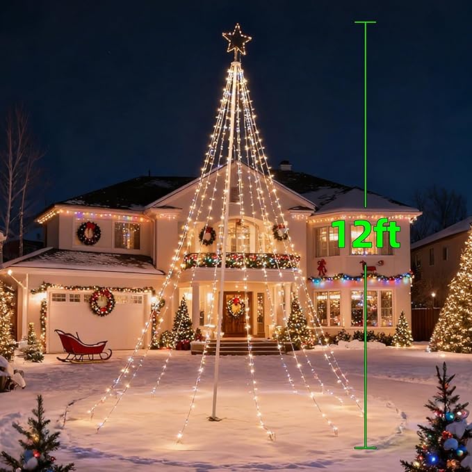 12FT 740LEDs Smart Outdoor Christmas Tree Lights With Sturdy Iron Pole, App Control DIY Color Changing, Music Sync, Timer, 100+ Modes Waterproof Large Star Waterfall Light for Outside Yard Lawn Decor