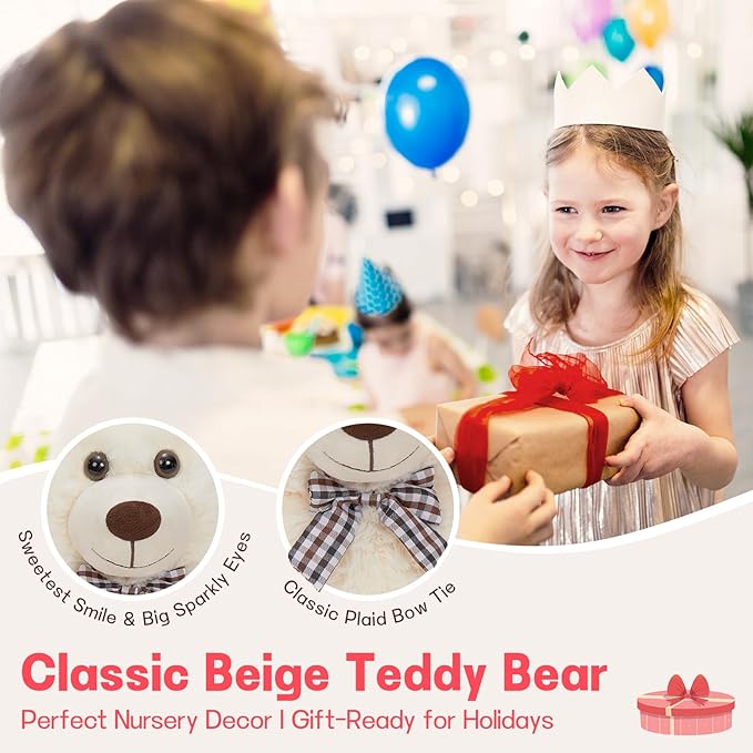 MorisMos Bow Tie Teddy Bear Stuffed Animal, 20 Inch Classic Stuffed Bears Plush, Cuddly Hugging Bear Gift for Toddler, Kids, Baby Shower & Birthday, White