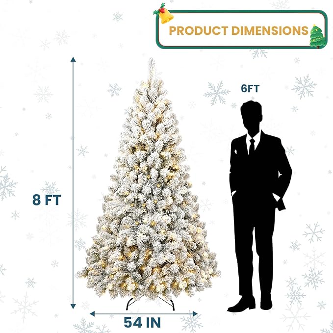 Kadunmina 8ft Pre-lit Artificial Christmas Tree, Hinged Snow Flocked Xmas Trees with 500 Incandescent Warm White Lights, 1460 Branch Tips and Metal Stand for Home, Office, Holiday Decor,Green & White