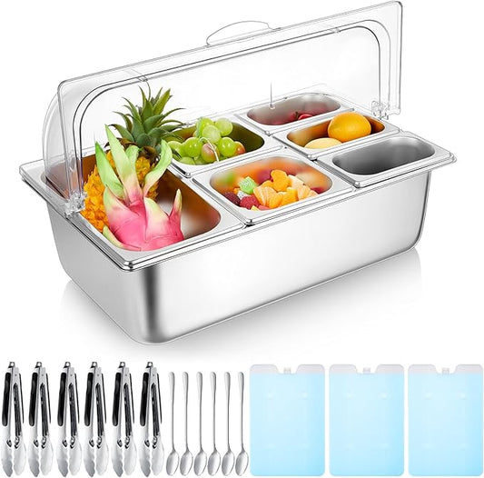 Tessco for You 16 Pcs Countertop Chilled Condiment Container Set with Lid, Stainless Steel Salad Cold Ice Food Spice Serving Display Caddy for Buffet Restaurant Kitchen Party(Mixed 6 Compartments)