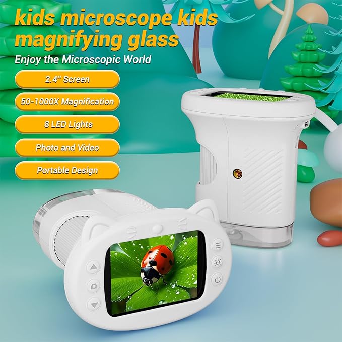 2.4" Screen Pocket Kids Microscope: 1000X Handheld Microscope for Photo and Video - Portable Science Kits STEM Toys – Christmas/Birthday Gifts for Girls & Boys Ages 3-12(White)
