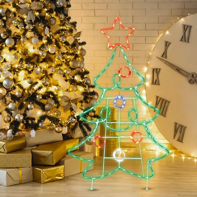 Outdoor Christmas Tree Decoration Christmas Lighted Xmas Tree with Star Neon Rope 126 LED Lights Decoration for Xmas Home Pathway Lawn Party Display