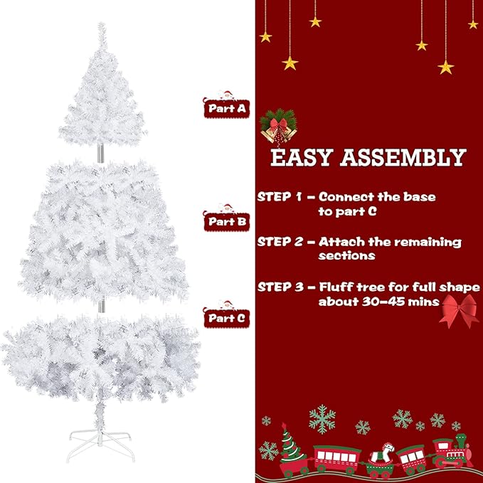 Bonnlo 5 ft White Unlit Artificial Christmas Pine Tree Small Xmas Tree Holiday Party Decoration with Sturdy Metal Stand, Full 600 Tips Branch for Indoor and Outdoor