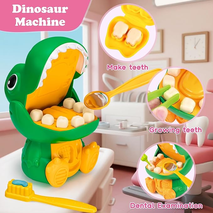 93 PCS 4 in 1 Dough Sets for Kids Ages 3-4-8, Art Crafts Dough Tools Kit, Dinosaur Dentist Playset, Ice Cream, Mooncake Maker Machine, Dessert Rack, Kitchen Creations Food Play Toys Boys Girls