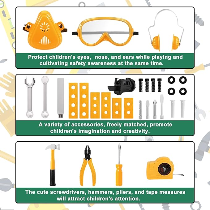 Mathea Kids Tool Set with Electronic Chainsaw Toys & Kid Drill, Realistic Pretend Play Toddler Tool Toys, Construction Drill Toys, Christmas Gifts for Kids Toddler and Boys Age 3 4 5 6 7 8 Years Old