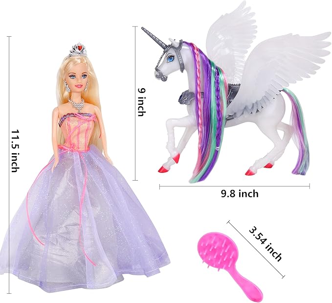 MEGAFUN Color Change Unicorn Toys & Princess Doll, Unicorn Doll with Rainbow Braided Hair, Removable Saddle&Wings, Princess Toy Unicorn Gifts for Girls