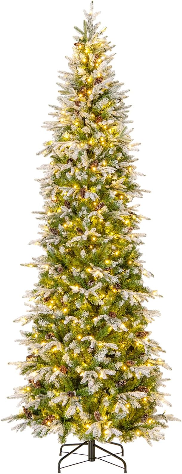 Goplus 9 FT Pre-Lit Pencil Christmas Tree, Artificial Snow Flocked Hinged Fake Slim Xmas Tree with 470 Warm-White LED Lights, 1310 Branch Tips, 98 Pine Cones, for Office Home Decoration