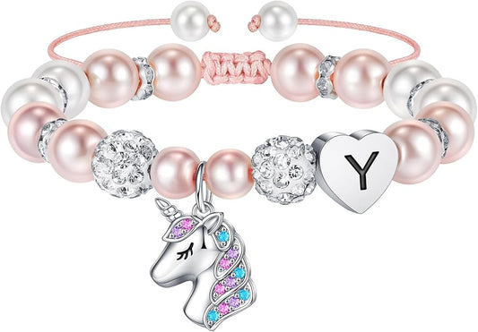 Hidepoo Christmas Gifts for Grandkids Girls - CZ Initial Unicorn Bracelet Adjustable Pink Pearl and Rhinestone Balls Heart Initial Unicorn Bracelets Jewelry Birthday Gifts for Girls Stocking Stuffers