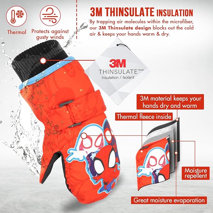 Spiderman Snow Gloves for Kids, Spider Man Toddler Gloves, 3M Thinsulate Waterproof Mittens, Kids Winter gloves