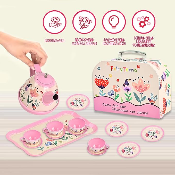 Floral Tea Party Set for Little Girls Ages 3-6, 15-Piece Pretend Play Kitchen Toys with Teapot, Cups, Plates & Storage Case, Princess Gift Set (Pink)