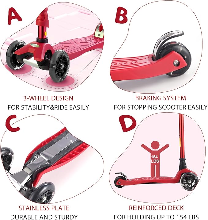 3 Wheel Scooter for Kids Ages 6-12,Kids Scooter with Light Up Wheels, Sturdy Deck Design, and 4 Height Adjustable Suitable for Kids Ages 3-12