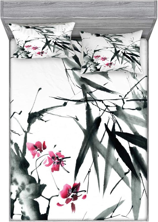 Ambesonne Japanese Fitted Sheet & Pillow Sham Set, Nature Concept Traditional Cherry Blossom Japanese Inspired Folk Print, Decorative Printed 3 Piece Bedding Decor Set, Full, Dark Green and Fuchsia