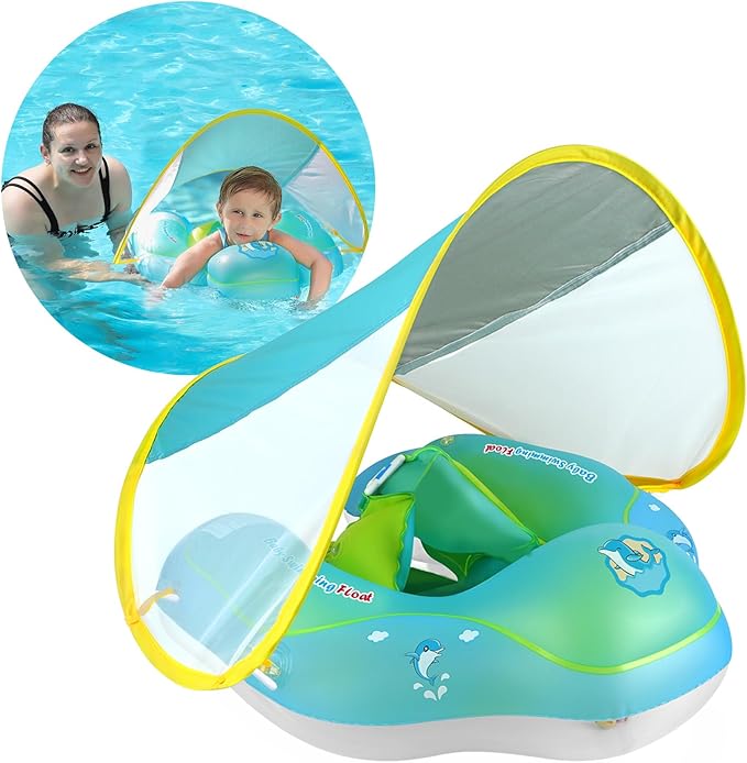 Free Swimming Baby Infant Pool Float with Sun Canopy Inflatable Baby Swimming Floatie with Sponge Safety Bottom Support Water Toys Swimming Trainer (Blue, Large)