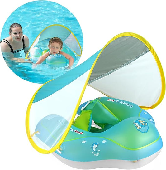 Free Swimming Baby Infant Pool Float with Sun Canopy Inflatable Baby Swimming Floatie with Sponge Safety Bottom Support Water Toys Swimming Trainer (Blue, Large)