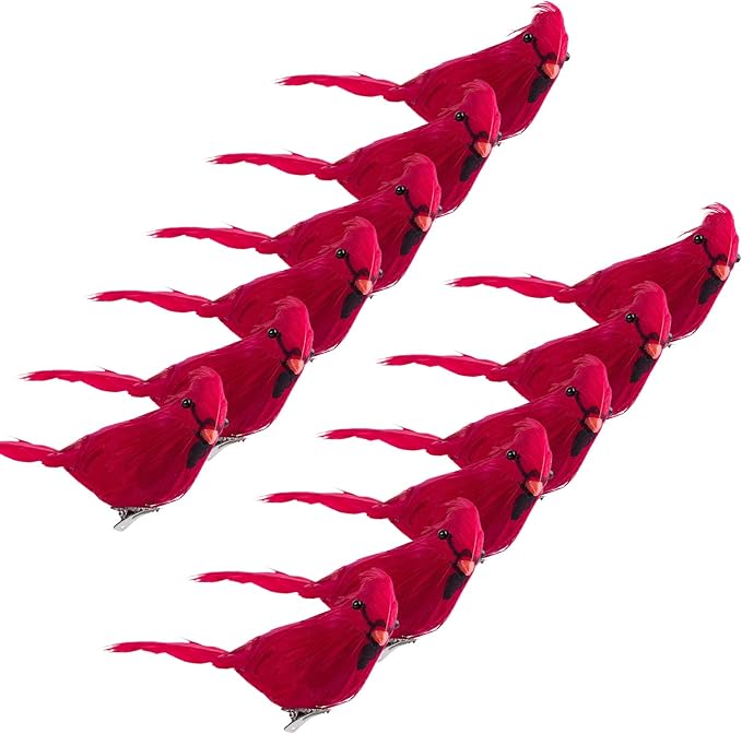 Ogrmar 12 Pack Red Birds Ornaments Handmade Artificial Birds Clip on Christmas Tree for Christmas Tree Wreaths Garland Decorations (Red)