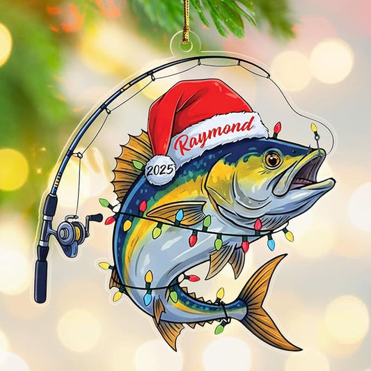 Personalized Year & Name Fishing Lover Christmas Tree Ornament Gifts for Men Dad Grandpa Uncle Husband, Customized Fishing Player Christmas Ornament Decor, Novelty Fish Shaped Xmas Ornaments 2025