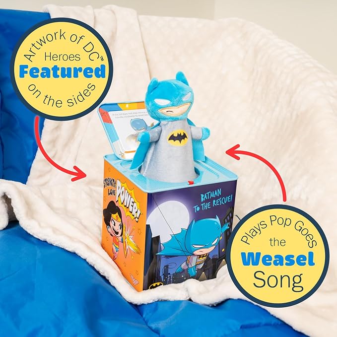 KIDS PREFERRED DC Comics The Batman Jack in The Box Musical Toys for Babies and Toddlers, Plays “Pop Goes The Weasel” The Dark Knight Springs Out from A Colorful Box