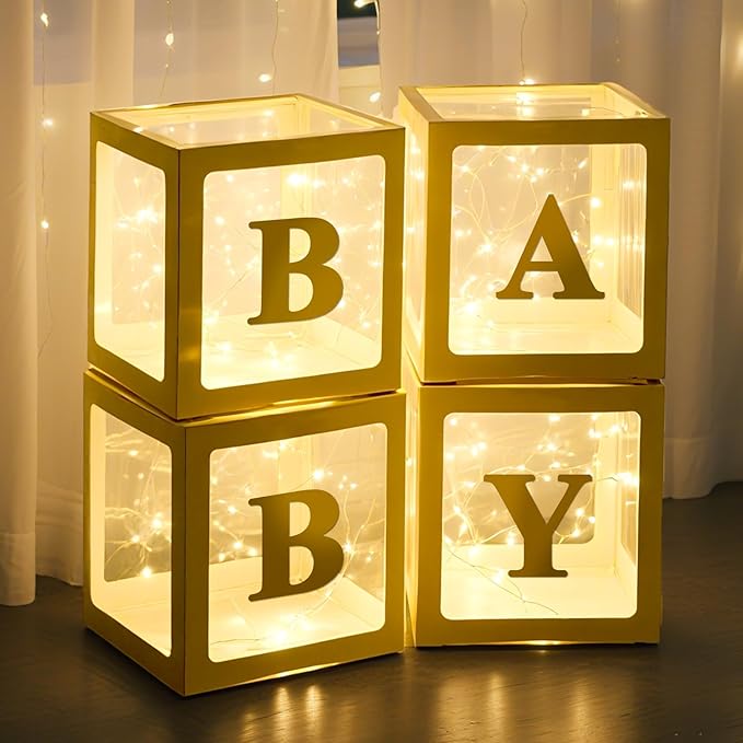 Ledido Baby Boxes with Letters for Baby Shower Decorations, 4 pcs Clear Balloon Boxes Blocks Decor with LED Fairy String Lights for Boy Girl Gender Reveal Decorations Backdrop Party (Gold)