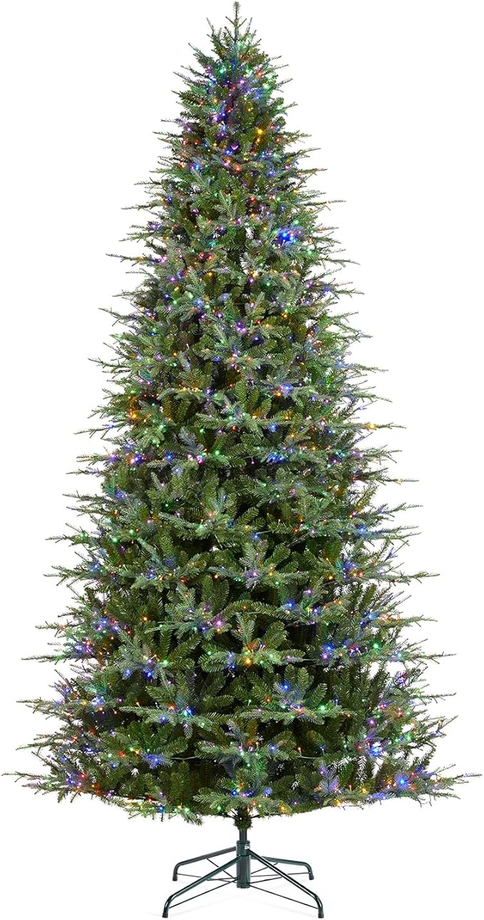 Glitzhome Artificial Christmas Tree, 11ft Prelit Hinged Holiday Tree Majestic Evergreen Fir Xmas Tree with 3200 Warm White/Multi-color Horse Race LED Lights, 9 Function w/Foot Pedal and Remote Control