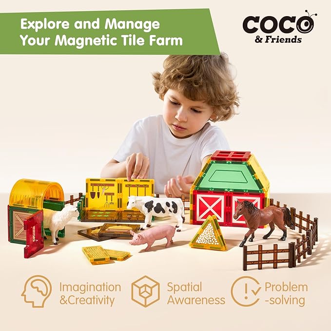COCO&Friends Magnetic Tiles Farm Animals for Toddlers Kids Ages 2-8 - Magnetic Blocks Building STEM Toys for 3 Year Old Girl Boy Birthday Gift - Montessori Educational Construction Sensory Magnet Toys