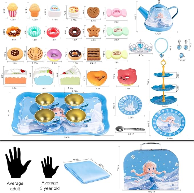 Tea Party Set for Little Girls, 49PCS Princess Tea Time Toys Including Teaset Dessert Carrying Case, Kids Pretend Play Kitchen Toys, Toddler Girl Birthday Gifts for 3-8 Year Old, Snowflake