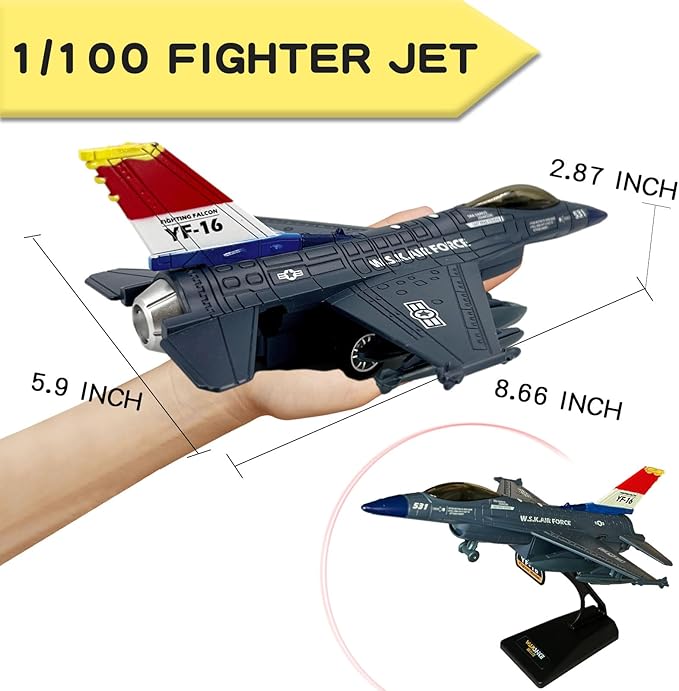 OTONOPI Fighter Jet Toy F-16 Toy Jets for Kids Military Plane Army Air Force Pull Back Fighter Toy diecast Metal Aircraft with Spray Effect Lights and Sounds for Boys Girls Age 3-12+ (F 16 Blue)