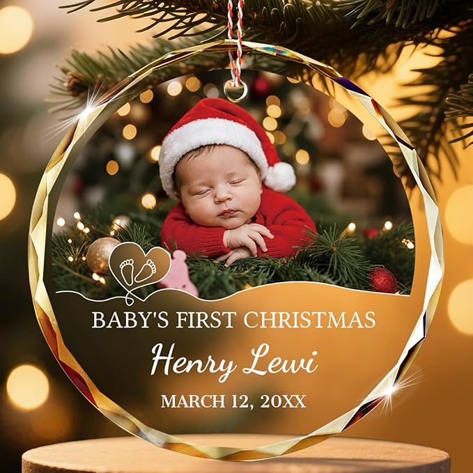 ALBK Custom Baby's First Glass Christmas Ornament 2025 - Personalized Baby Photo Ornament for Christmas Tree, Newborn Birth States Boy Girl Keepsake