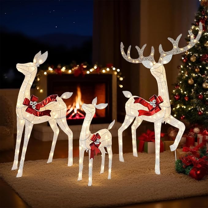 3-Piece 3D Christmas Deer Family Set, Lighted Christmas Decoration with 225 LED Lights, Christmas Decor Reindeer for Indoor Outdoor Yard Porch, White
