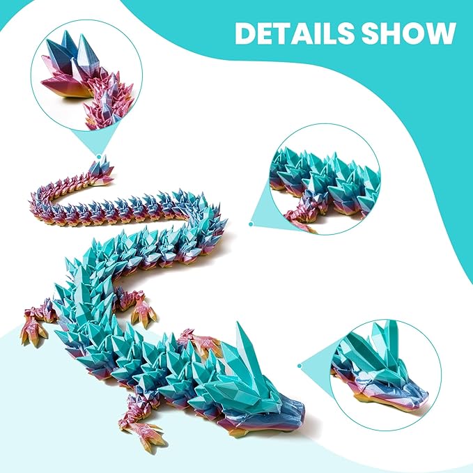 30'' 3D Printed Dragon - 3D Printed Toys, Articulated Crystal Dragon Large Rainbow Animal Fidget Toy for Kids, Decor Huge Dragons Collectible Figurines(Mixcolor5,30inch)