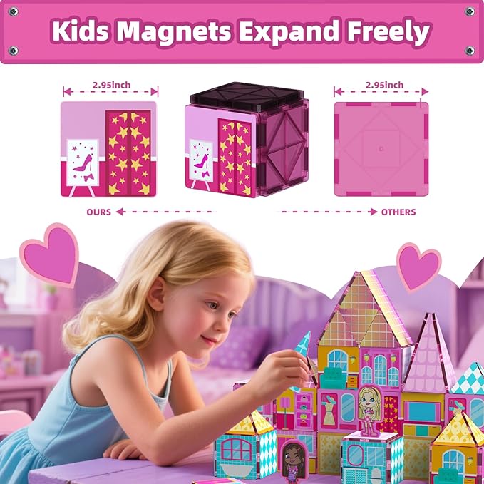 GobiDex Princess Magnetic Doll House Building Toys for Girls 3+, Pink Magnet Tiles for Kids Ages 4-8 STEM Sensory Toys for Toddlers Birthday Gifts for Girls 3+ Year Old