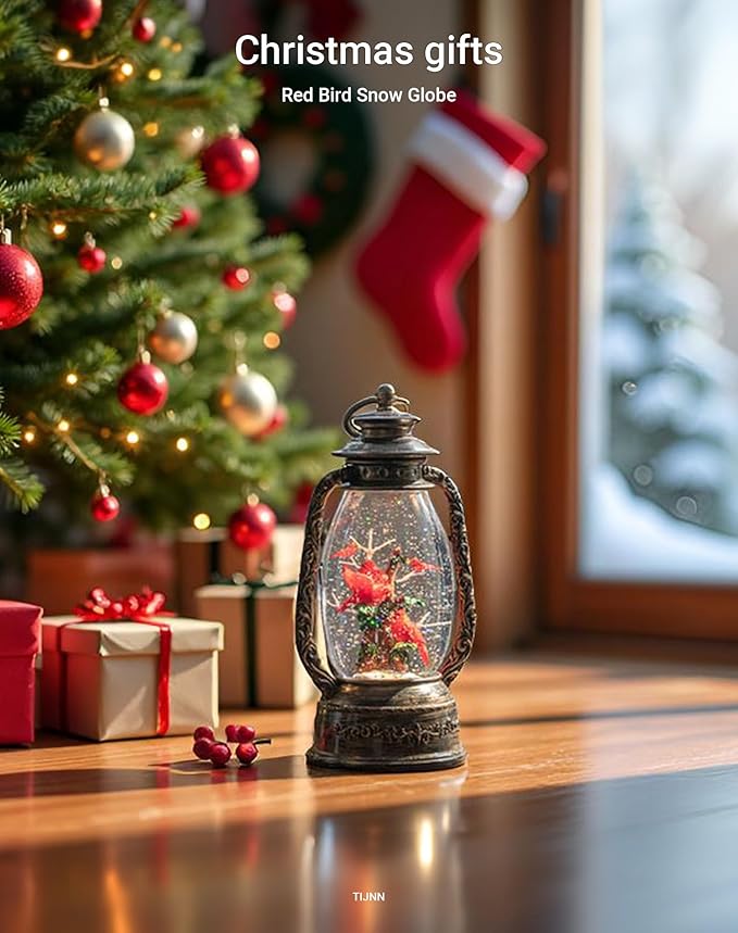 12" Christmas Snow Globe Lantern, Red Bird Music Box, Spinning Snowflake Glitter Water Lamp, USB and Battery Powered Christmas Decoration