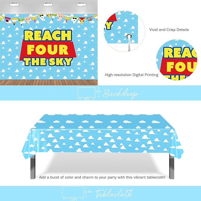 111 PCs Cartoon Toy 4th Party Decorations, Toy Themed Inspired Story Fourth Reach Four The Sky Birthday Decorations Backdrop Balloon Garland Arch Banner Tablecloth Cake Topper Blue