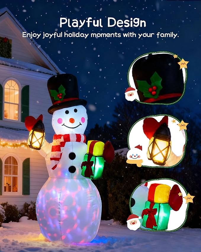 4FT Inflatable Christmas Snowman with Lantern, Blow Up Outdoor Navidad Decor with Built-in Rotating LED Lights for Lawn, Garden, Patio Holiday