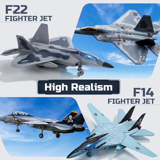 Double Fighter Jet Toy, F14 & F22 Diecast Planes with Lights & Sounds, Pull Back Military Aircraft Gift for Kids, Boys