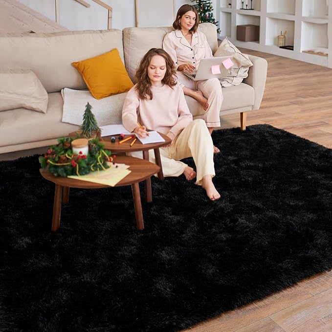 5'x7' Super Fluffy Rug for Bedroom, Modern Shag Black Area Rugs, Soft and Cozy Plush Large Carpet for Kids, Girls Boys and Teens Decorations for Living Room Dorm Nursery Classroom, Black