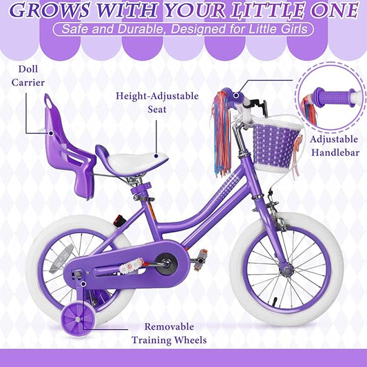 KORIMEFA Girls Bikes Ages 2-4 4-6 6-8 with Training Wheels 12 14 16 Inch, Little Small Kids Princess Toddler Bicycle with Streamers, Pedal Bike with Basket and Doll Seat, Coaster Brake, Birthday Gift