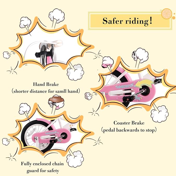 RULLY Kids Bike 12 14 16 inch for 2-7 Years Girls with Training Wheels & Front Handbrake, Kids Bicycle with Basket Bike Streamers Toddler Cycle Bikes